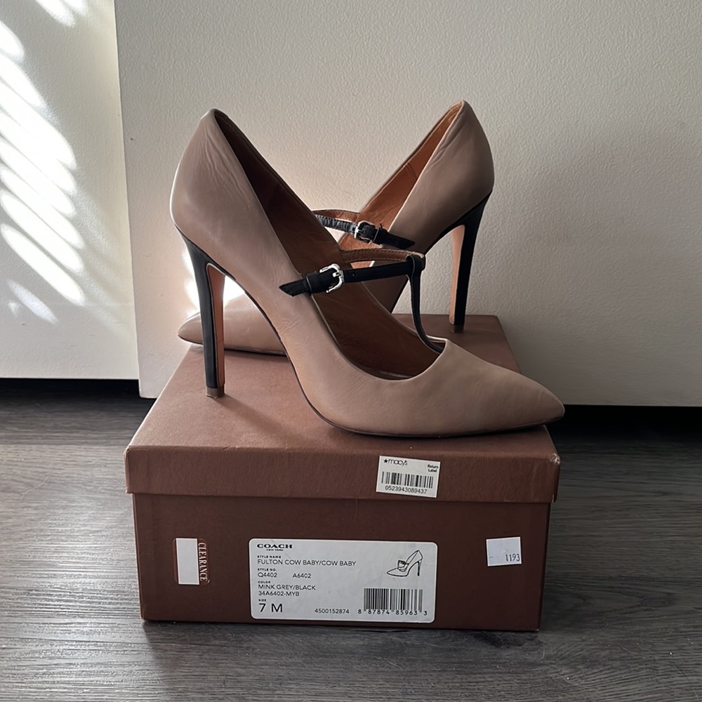 Coach t-strap Fulton Cow Baby heels, Mink Grey/Black, Size 7M